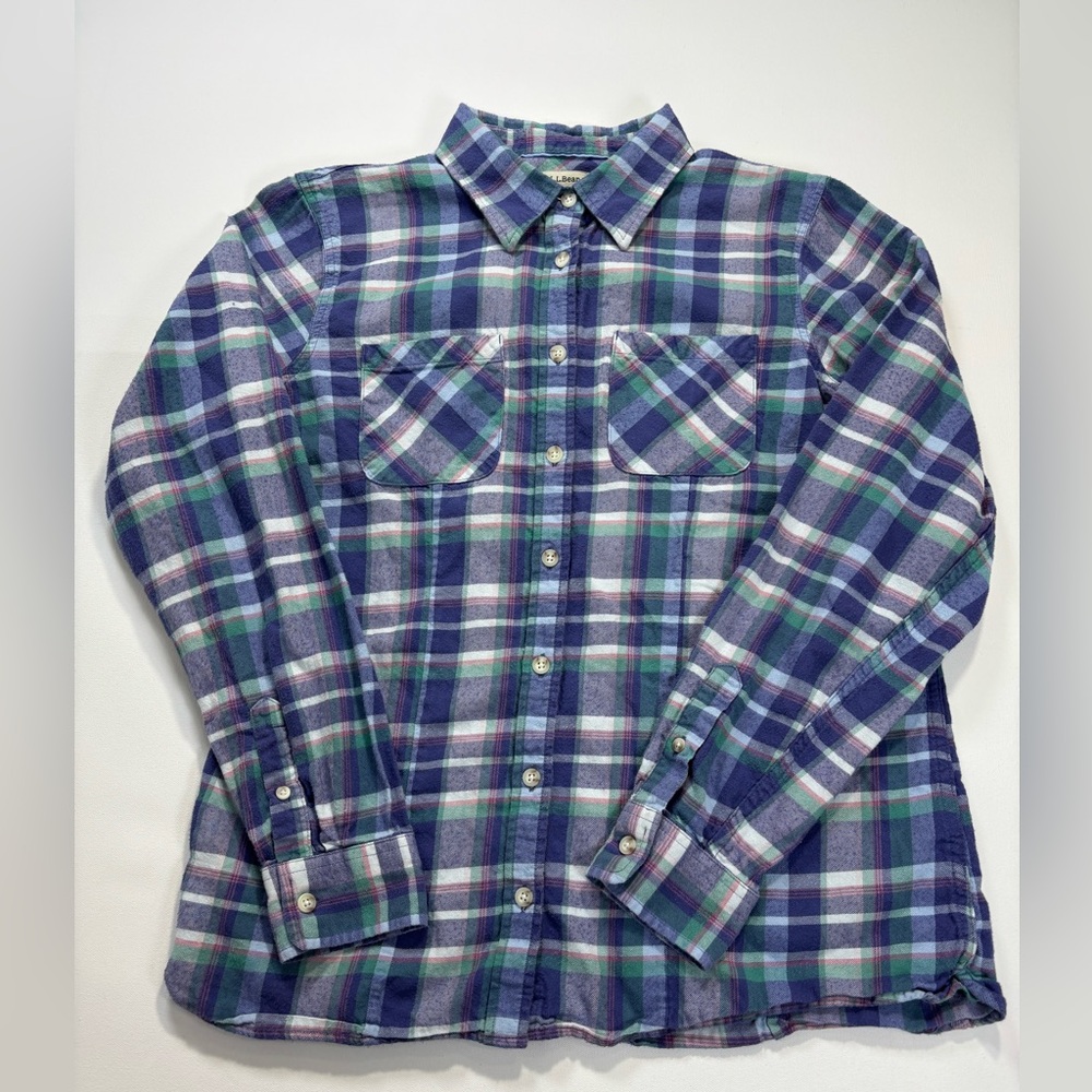 L.L. Bean Plaid Button-Down Shirt - Blue, Green & White